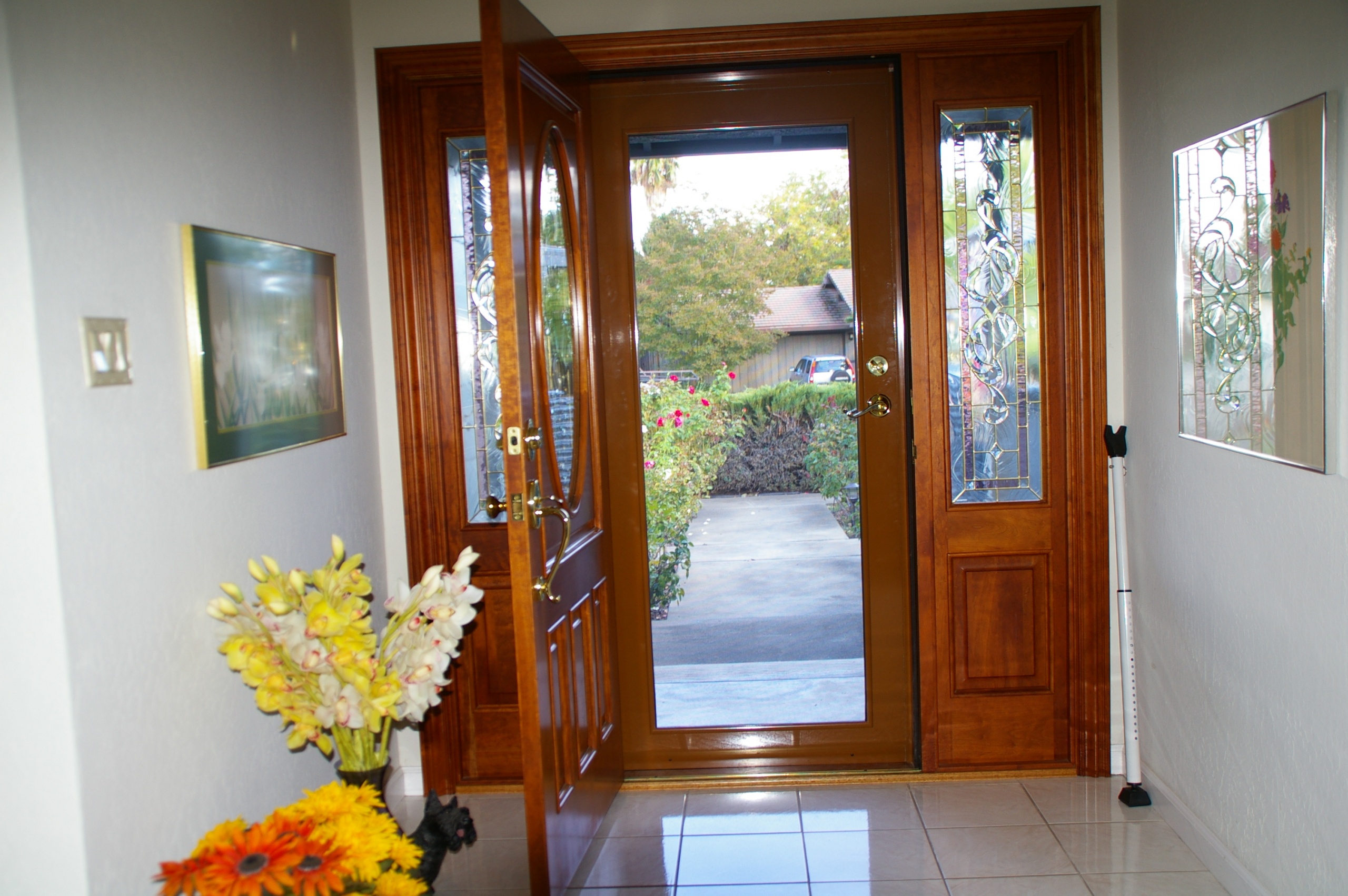 Looking out through the security screen door.